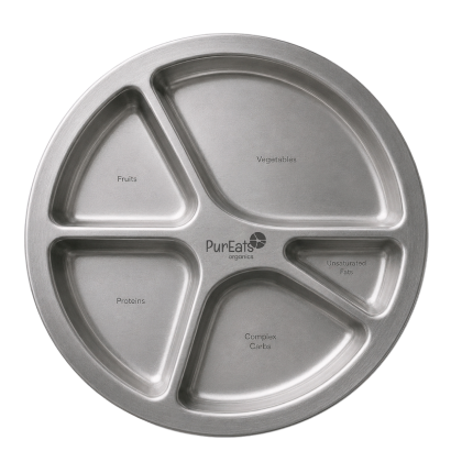 PureEats sectional stainless steel plate with five engraved food sections