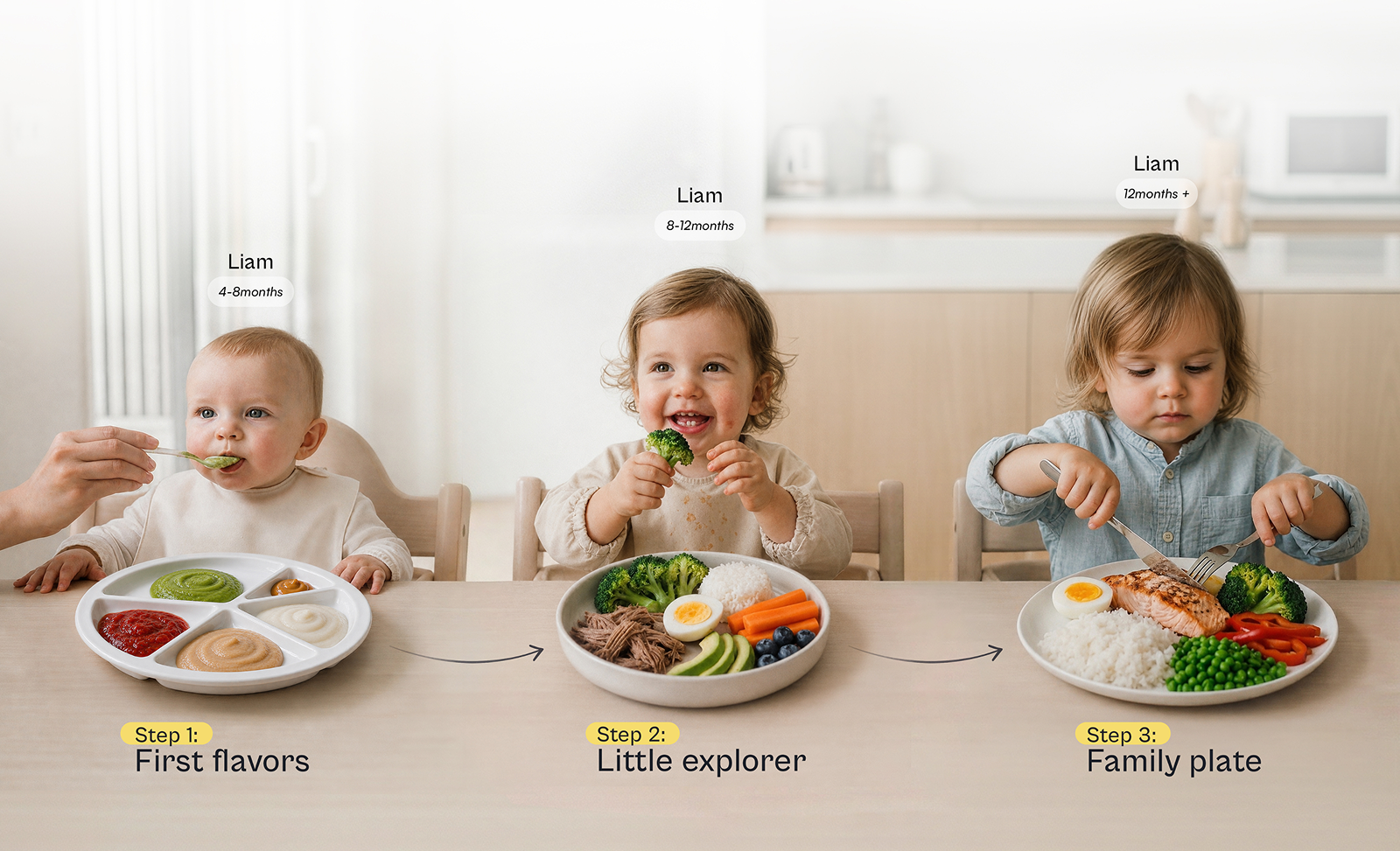 Liam’s feeding journey: Step 1 First flavors at 4–6 months, Step 2 Little explorer at 8–12 months, Step 3 Family plate at 12 months and beyond